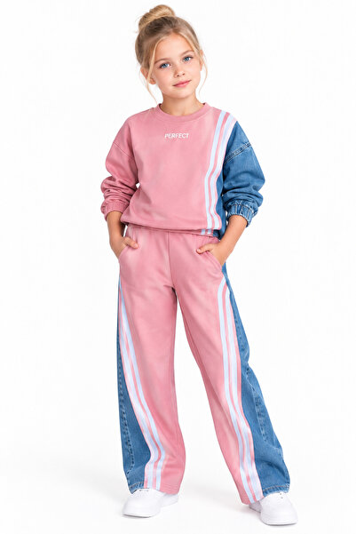 aykidsclup Girl's Denim Garnished Striped 2 Thread Tracksuit Set 43128-Y