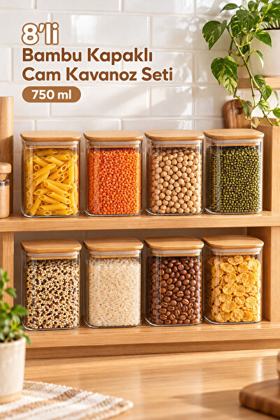 Porsima 5-4 Bambu Vakumlu Kapaklı Kare Borosilikat Cam 8li Kavanoz Seti Sakla...