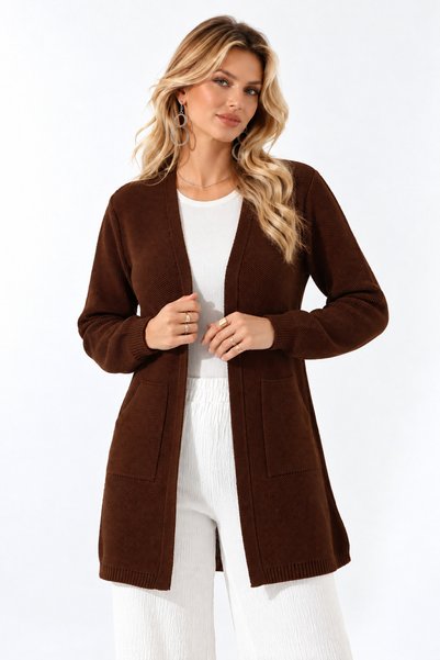 Marvine Women's Brown Comfortable Fit Knitwear Cardigan with Pockets