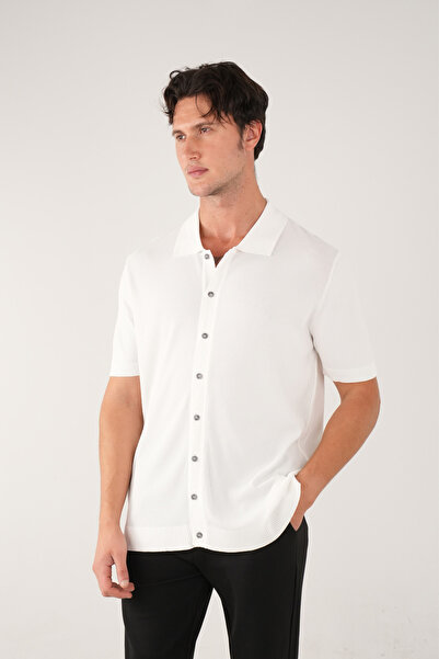 ALLUNIQUE Bej İnce Örgü Kısa Kollu Rayon Yazlık Triko Gömlek
