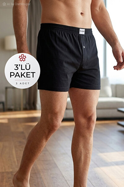 YILDIZ Havlu Bel Erkek Boxer Siyah Melanj %100 Pamuk 3'lü Paket