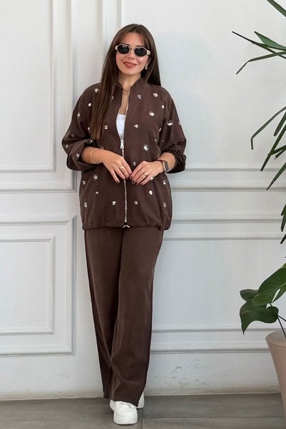yb yağmur butik Front Zipper Sequin Embroidered Suit