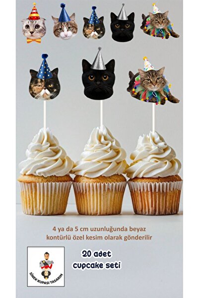 Sinek Kupası Tasarım Kedi Temalı Konsept Kürdanlı Cupcake Süsü Doğum Günü Süs...