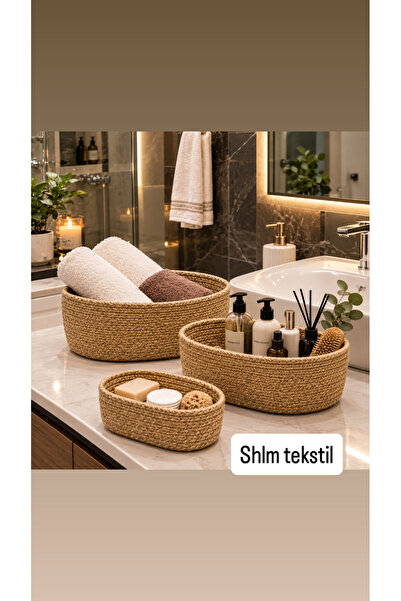SHLM TEKSTİL BEYZAM HOME OVAL JUTE WOVEN 3-PIECE HAND-WOVEN BASKET BATHROOM A...