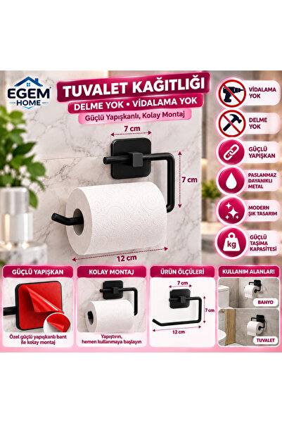 Egem Home Yapışkanlı Siyah Kare Açık Tuvalet Kağıtlığı Wc Kağıtlık Tuvalet Ka...