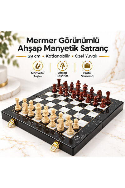 e-life shop Ahşap Manyetik Satranç Takımı 29cm Mermer Desenli Katlanabilir Öz...