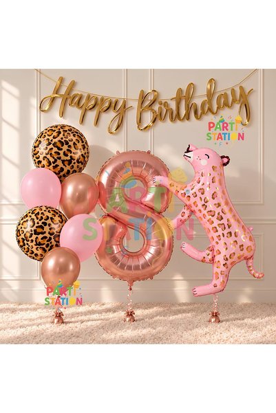 Parti Station Pink Leopard 8 Years Old Balloon Set Safari Leopard Birthday Pa...