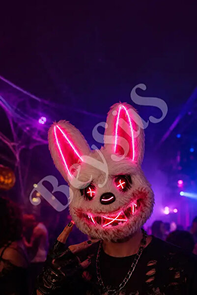BeySüS Halloween Cadılar Bayramı LED Işıklı Korkunç Tavşan Maske Beyaz Pembe