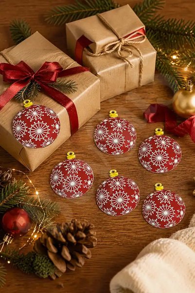 BeySüS Ornament pentru brad de Crăciun, floare de zăpadă roșie din lemn, set de 6