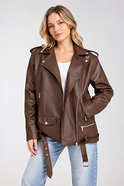 İLKCET MODA Kadın Uzun Acı Kahve Oversize Suni Deri Ceket