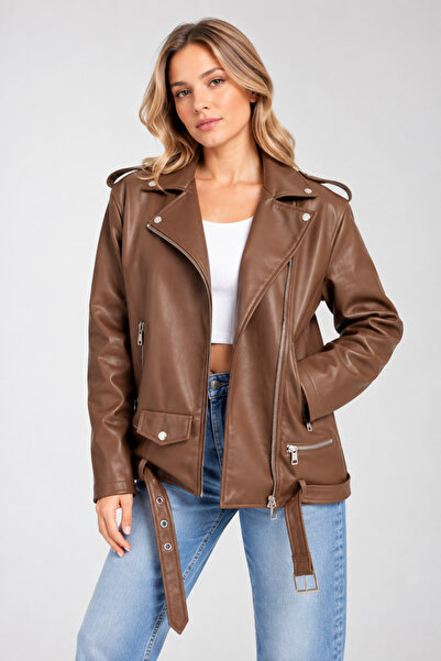 İLKCET MODA Women's Long Light Brown Oversize Faux Leather Jacket