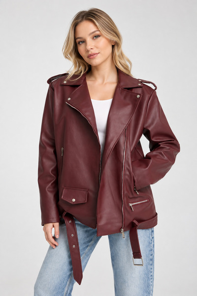 İLKCET MODA Kadın Uzun Bordo Oversize Suni Deri Ceket