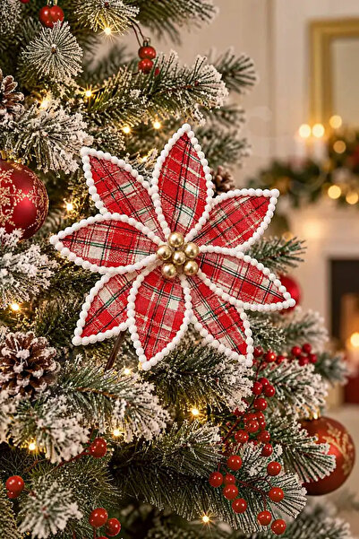 BeySüS Christmas Pine Tree Ornament Ponsetia Flower Large Red White Edged