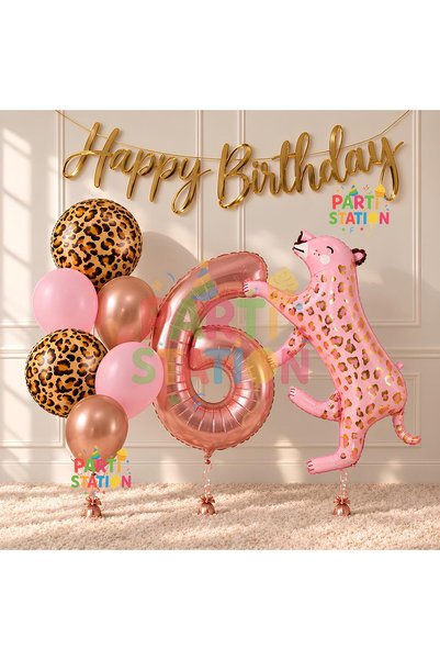 Parti Station Pink Leopard 6 Years Old Balloon Set Safari Leopard Birthday Pa...
