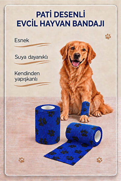 Mavi Evcil Hayvan Bandajı Pati Desenli Kendinden Yapışkanlı Suya Dayanıklı Pati Koruyucu 7 cm x 4 m