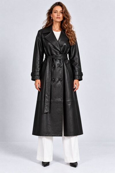 Deriderim Trinity Women's Belted Genuine Leather Trench Coat