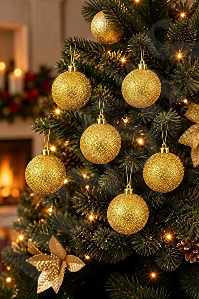 BeySüS Yılbaşı Çam Ağacı Süsü Parlak Gold Simli Cici Top 7cm 6lı