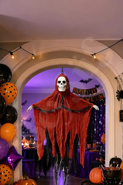 BeySüS Cadılar Bayramı Halloween Işıklı Sesli Kırmızı İskelet Tavan Süsü