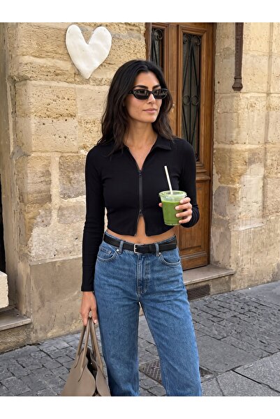 Juuuj Black Ribbed Camisole Polo Collar Zippered Long Sleeve Cropped Knitted ...