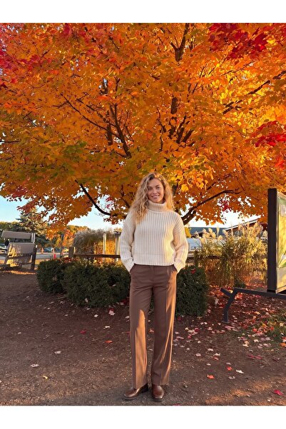 Juuuj Brown Woven Fabric Wide Leg Relaxed Fit Seasonal Daily Use Trousers