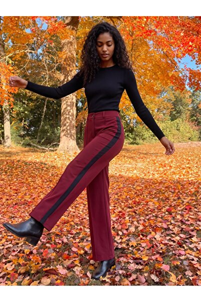 Juuuj Burgundy Polyester Fabric High Waist Wide Leg Pants with Stripe Detail ...