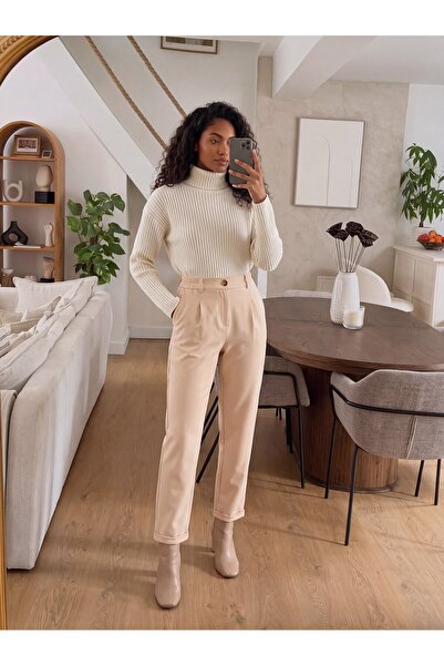 Juuuj Cream Polyester Fabric, Elastic Waist, Layered Leg Detail, Comfortable ...