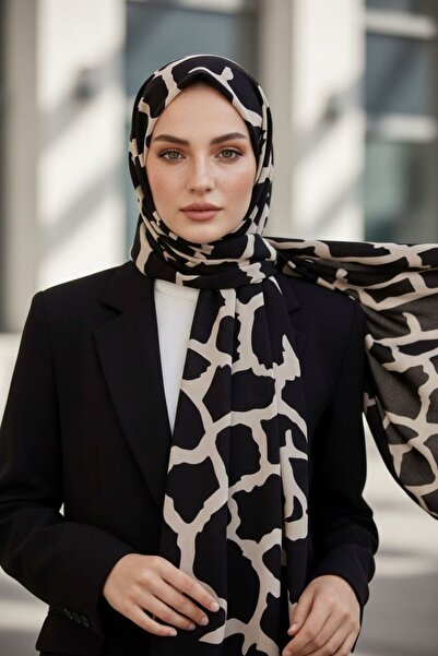 Vissona Crepe Stone Patterned Black - Beige Colored 75X195 Non-Fade Shawl