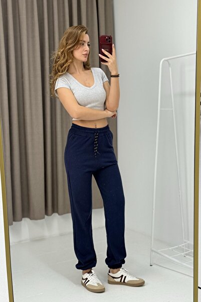 Juuuj Navy Blue Two-Thread Elastic Cuffs Comfortable Fit Lace-Up Waist Detail...