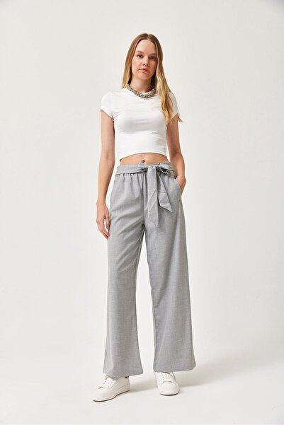 Juuuj Gray Viscose Blended Stretch Fabric High Waist Loose Fit Self-Belted Po...