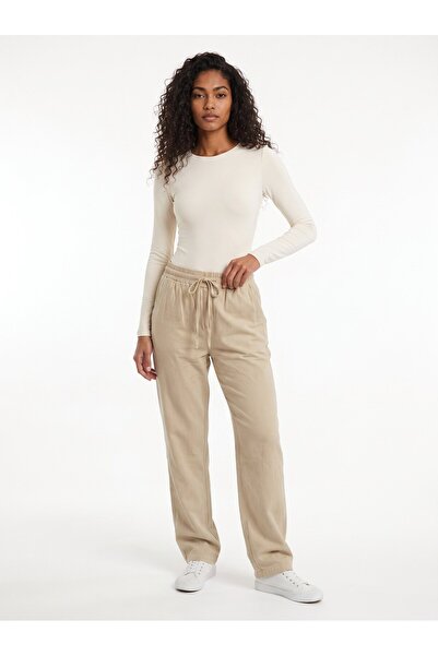 Juuuj Beige Canvas Textured Long Trousers with Elastic Waist, Adjustable Lace...