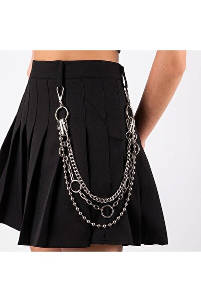 Corvus kolye&bileklik Y2K Silver 3-Piece Ring Detailed Gothic Pant Chain