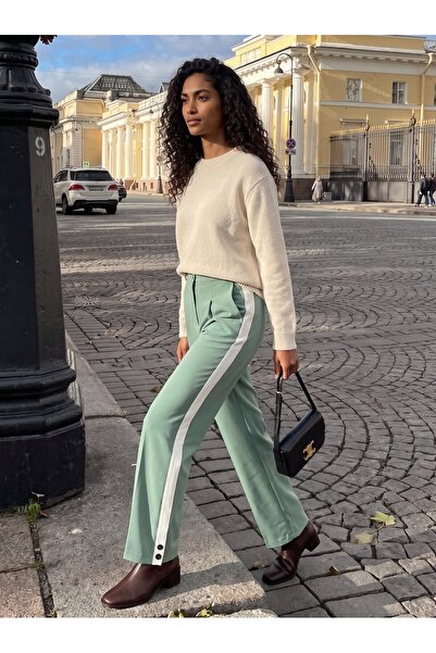 Juuuj Green Lycra Stretch Fabric High Waist Wide Leg Pants with Stripe Detail...