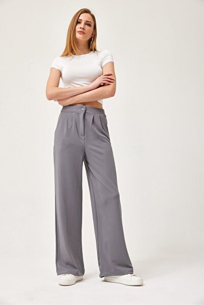 Juuuj Gray Stretchy Textured High Waist Wide Leg Palazzo Pants with Side Pock...