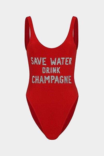 Açelya Okcu SAVE WATER DRİNK CHAMPAGNE Sloganlı Push Up Mayo
