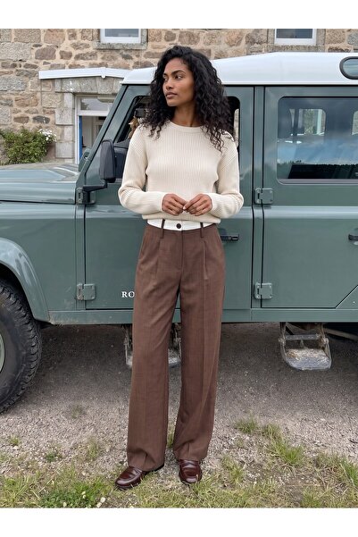 Juuuj Brown Woven Fabric High Waist Elastic Detailed Wide Leg Pleated Side Po...