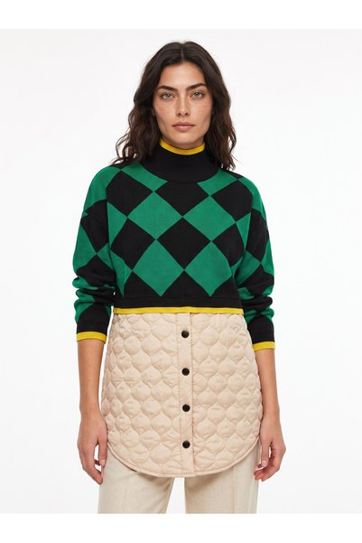 Generic Brand Green Cotton Blend Long Sleeve Quilted Plaid Patterned Knitwear Sweater