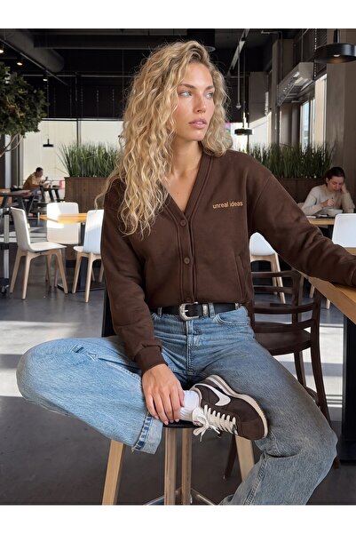 Juuuj Brown Three-Thread Ribbed V-Neck Regular Cut Buttoned and Ribbed Lined ...