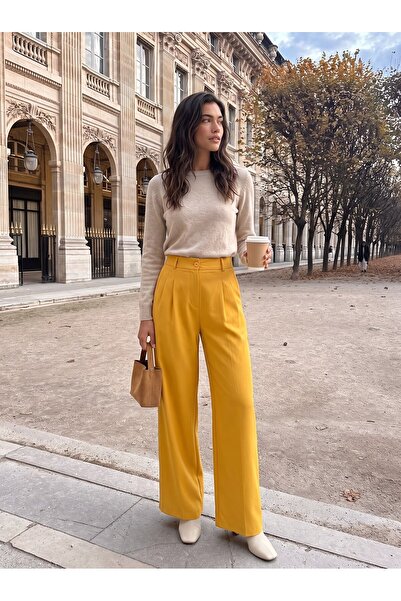 Juuuj Yellow High Waist Wide Leg Pants with Elastic Waistband and Adjustable ...