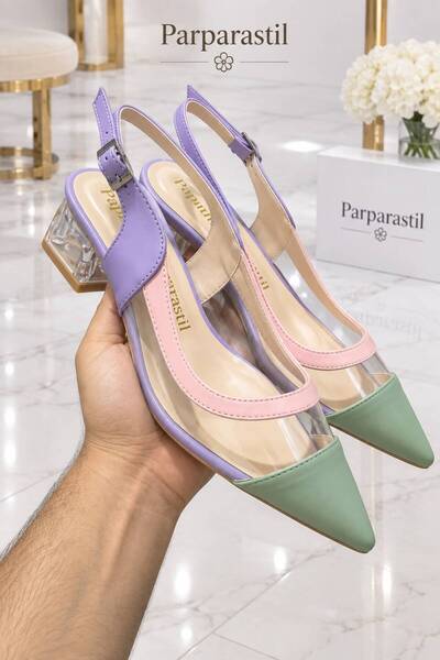 Parparastil Kadın Renkli Burun Şeffaf Detaylı Slingback 3cm Topuklu Babet