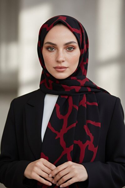 Vissona Crepe Stone Patterned Black - Red Color 75X195 Non-Shedding Shawl