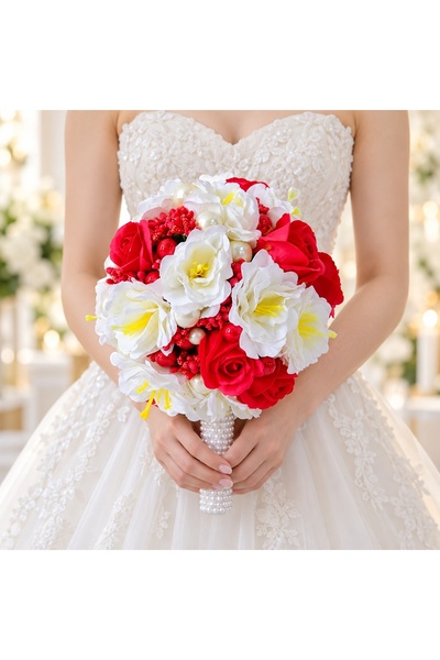 velve Buchet Mireasa, trandafiri, anemone, stamine si perle artizanale, Alb -...