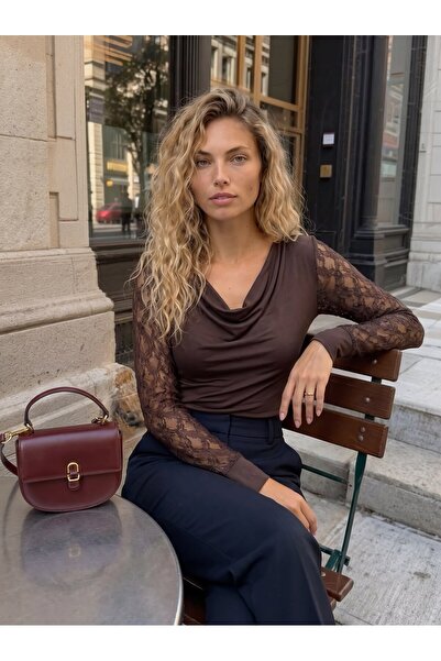 Juuuj Brown Modal Fabric Long Sleeve Lace-Up Drape Collar Draped Detailed Blouse