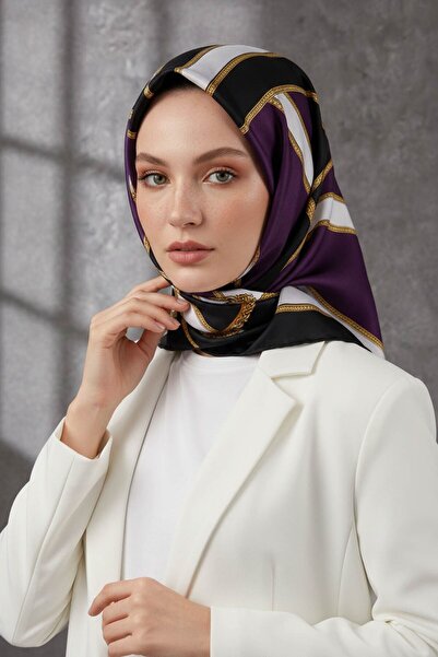 VİOLLA Twill Kemerli Ve Geometrik Desenli Mürdüm - Siyah Renkli 90x90 Eşarp (...