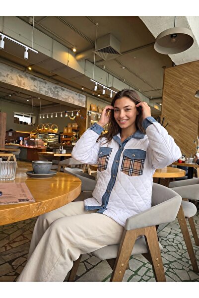 Juuuj White Cotton Fabric Sleeves and Pockets, Denim Detailed Buttoned Form Q...