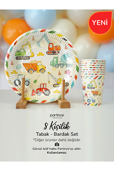 partince 8 Kişilik Retro İnşaat Tema Tabak Bardak Set Kullan At Karton Tabak ...