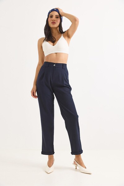 Juuuj Navy Blue Polyester Fabric, Elastic Waist, Folded Legs, Standard Cut, C...