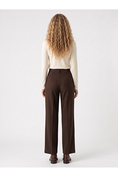 Juuuj Brown Woven Fabric High Waist Wide Leg Pants with Zipper and Button Det...