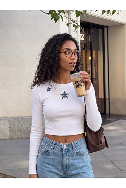 Juuuj White Camisole Crew Neck Long Sleeve Crop Form Star Embroidered Knitted...