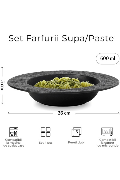 MIAMIO Set de 4 farfurii adânci pentru sumă, colecția Oasis, ceramică, negru, 600 ml