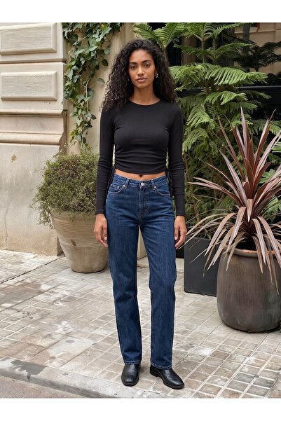 Juuuj Black Corduroy Crew Neck Long Sleeve Crop Blouse with Drawstring Detail...